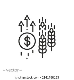 rising price for wheat icon, increase food crisis, growth grain financial index, thin line symbol on white background - editable stroke vector illustration
