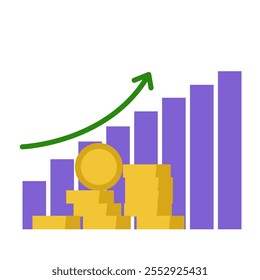 Precios ascendentes, gráfico de barras, monedas y flecha. Ilustración plana de color simple de Vector.