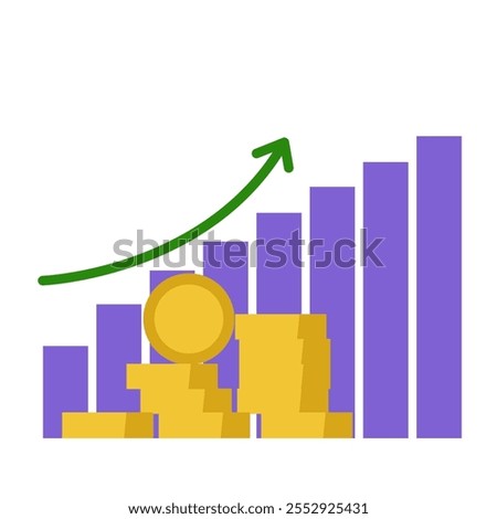 Rising prices, bar graph, coins and arrow. Vector simple color flat illustration.