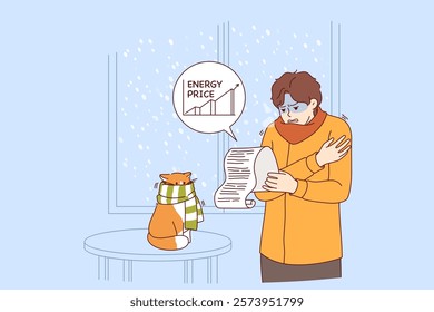 Rising prices for electricity cause stress for man studying bill, standing in cold apartment. Frozen guy and cat in scarf are shivering due to increase in prices and electricity tariffs