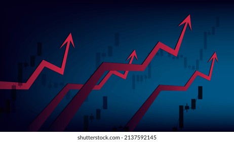 Steigende Preise und rote Pfeile auf dunkelblauem Hintergrund. Die globale Krise in allen Sektoren und die Verschlechterung der Wirtschaftslage. Vektorgrafik.