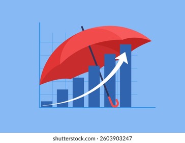 Rising profit growth graph under umbrella.  Investment profit growth, financial advisor. Make money to get rich or increase earning or income. Flat vector illustration