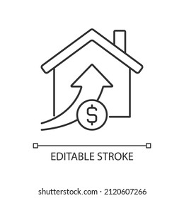 Icono lineal del aumento de los precios de las propiedades. Inmobiliaria. Venta de propiedades. Comprar una casa por un precio más alto. Ilustración de línea delgada. Símbolo de contorno. Dibujo del contorno del vector. Trazo editable. Tipo de letra arial utilizado