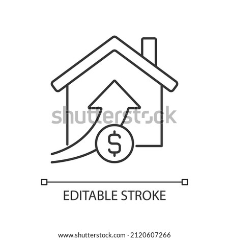 Rising property prices linear icon. Real estate. Property sale. Buying house for increased price. Thin line illustration. Contour symbol. Vector outline drawing. Editable stroke. Arial font used