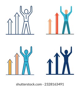 Rising ratings icon set in flat and line style. Growing graph symbol. Businessman or politic standing with hands up. Vector illustration.