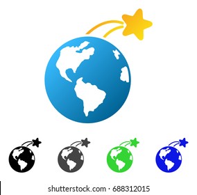 Rising Satellite On Earth flat vector illustration. Colored rising satellite on earth gradient, gray, black, blue, green pictogram variants. Flat icon style for graphic design.