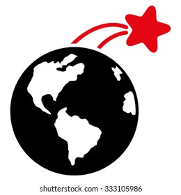 Rising Satellite On Earth vector icon. Style is bicolor flat symbol, intensive red and black colors, rounded angles, white background.