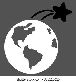 Rising Satellite On Earth vector icon. Style is bicolor flat symbol, black and white colors, rounded angles, gray background.