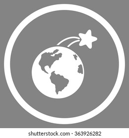 Rising Satellite On Earth vector icon. Style is flat circled symbol, white color, rounded angles, gray background.
