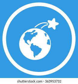 Rising Satellite On Earth vector icon. Style is flat circled symbol, white color, rounded angles, blue background.