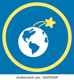 Rising Satellite On Earth vector icon. Style is bicolor flat circled symbol, yellow and white colors, rounded angles, blue background.