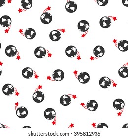 Rising Satellite on Earth vector seamless repeatable pattern. Style is flat red and dark gray rising satellite on earth symbols on a white background.