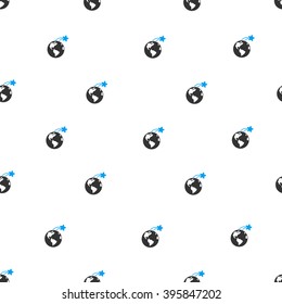 Rising Satellite on Earth vector seamless repeatable pattern. Style is flat blue and dark gray rising satellite on earth symbols on a white background.