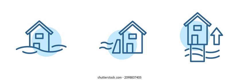 Rising Sea Level Urban Housing Problem, Effects Of Global Warming Concept, Climate Change Water Levels Icon Set, Isolated On White Background.