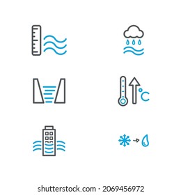 Rising sea levels icon set, climate change and global warming, melting ice icons, blue and grey colored ecology weather, environment protection, isolated on white background.