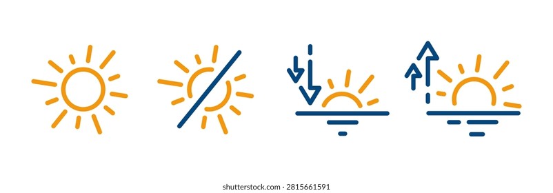 rising and setting sun icons, symbol day, no sun, icon set of the time of day, blue and yellow colors, linear vector art on white