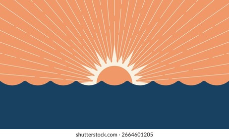 The rising or setting sun over the sea waves. Vector background