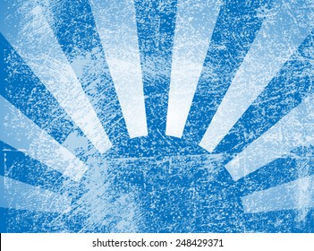 Rising or setting sun with sun rays in blue. Vector