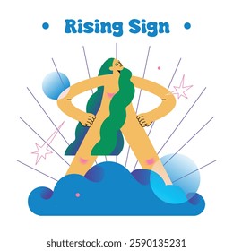 Rising Sign Astrological scene. Woman proudly standing in front of the cloud. Vector flat illustration on white background.