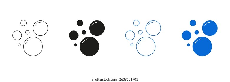 Rising Soap Bubbles And Carbonated Foam Line And Solid Icon Set. Water Droplets And Air Effervescence Symbol Collection. Isolated Vector Illustration.