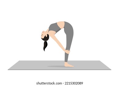 Rising Standing Cobra Pose. Beautiful girl practice Utthita Stiti Bhujangasana. Young attractive woman practicing yoga exercise. working out, black wearing sportswear, grey pants and top, indoor full