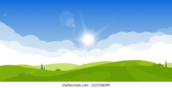 Rising sun above meadow. Trees and green grass on the hills. Sun with flare and blue sky background. Country background in cartoon style banner.