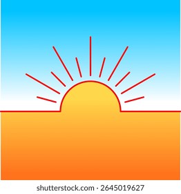 Rising sun background with sun on the horizon and rays around. Design element template