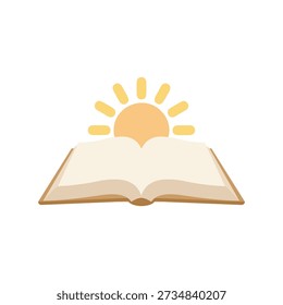 Rising sun behind an open book representing enlightenment through knowledge and education.