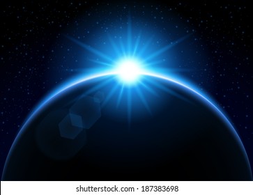 Rising sun behind the planet - blue