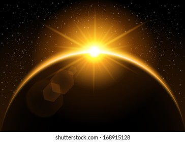 Rising sun behind the planet - vector illustration