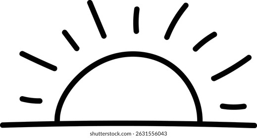 Um sol nascente com linhas em negrito em um estilo limpo e contornado. O sol emerge sobre o horizonte com raios que se estendem para fora. Ilustração de vetor de desenhos animados.
