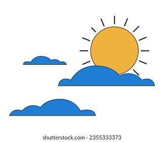 Steigende Sonnenwolken flache Farbe isoliert konzeptuelle Clipkunst. Wettervorhersage. Wolkenkratzer Sommer. Bearbeitbares Vektorobjekt auf weißem Hintergrund. Einfache Umrisskartographie für Webdesign