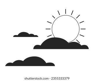 Steigende Sonnenwolken flach monochrome isolierte konzeptionelle Clipkunst. Wettervorhersage. Wolkenkratzer Sommer. Bearbeitbares, schwarz-weißes Vektorobjekt. Einfache Umriss-Spot-Illustration für Web-Grafikdesign