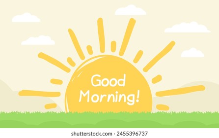 Rising sun with 'Good Morning' text, vector eps10 illustration