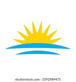 Rising sun icon. Bright yellow sunshine. Blue water waves. Vector illustration.