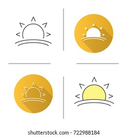 Rising sun icon. Flat design, linear and color styles. Morning. Dawn. Isolated vector illustrations