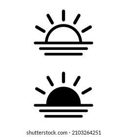 Rising sun icon in line art style. Sunrise vector icon. Vector illustration isolated.