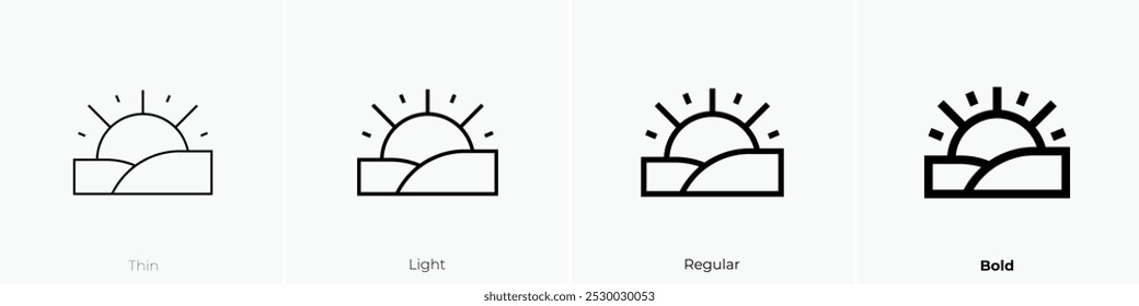 Icono del sol naciente. Diseño de estilo delgado, ligero, regular y audaz aislado sobre fondo blanco