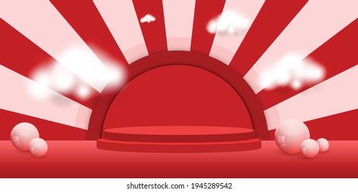 Rising sun japan style stage layout with podium or pedestal.Red rising sun the sign of new hope.3d rendering.