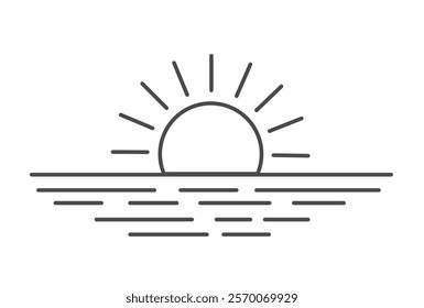 Rising sun linear icon. Morning. Evening. Thin line illustration. Sea dawn. Contour symbol. Vector isolated outline drawing. Editable stroke.