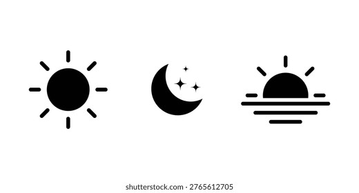 Rising sun, moon, sunset icon set. Crescent moon and stars, day and night time symbols. Sun half icon, sunrise ray, morning light.
