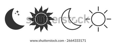 Rising sun, moon, sunset icon, crescent moon and stars, day and night time symbols. Sun half icon, sunrise ray, morning light. summer symbol. Solar shine set. Design eps 10. 
