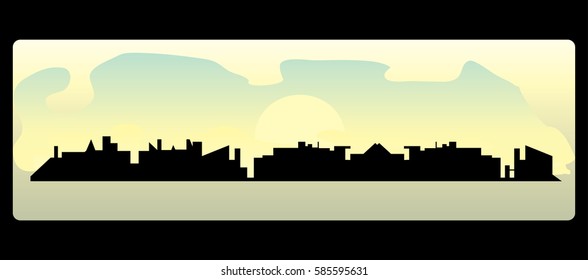 Rising sun and morning mist over city silhouette
vector flat cityscape illustration
