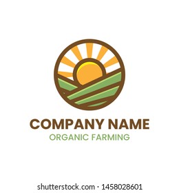 rising sun on countryside farming scenery logo template