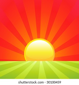 Rising Sun On Green Landscape Background Stock Vector (Royalty Free ...