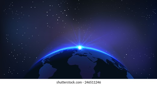 Rising Sun over the Earth Planet with Space for your Text. Vector Illustration