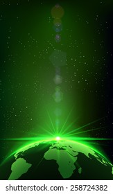 Rising Sun over the Earth Planet with Space Background for your Design. Vector Illustration