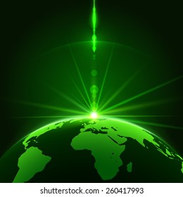 Rising Sun over the Earth Planet with Space Background for your Design. Vector Illustration
