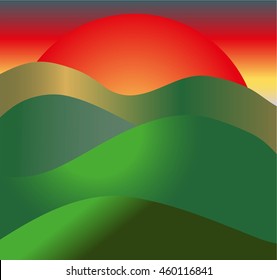 the rising sun over fields and meadows
