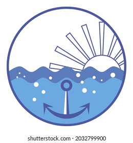 Rising Sun Over Ocean Water Level. Sea Waves, Sun, Anchor. Blue Waves And Sunbeams. Anchor On Seabed. Sea Icon For Prints On T-shirts And Other Uses. Logo Design. Minimalist Vector Illustration. 